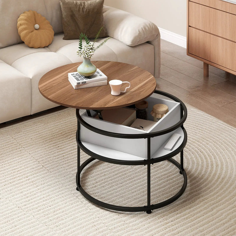 31.5 Inch Round Lift Top Coffee Table with Hidden Compartment and Side Shelves by DirectDeals