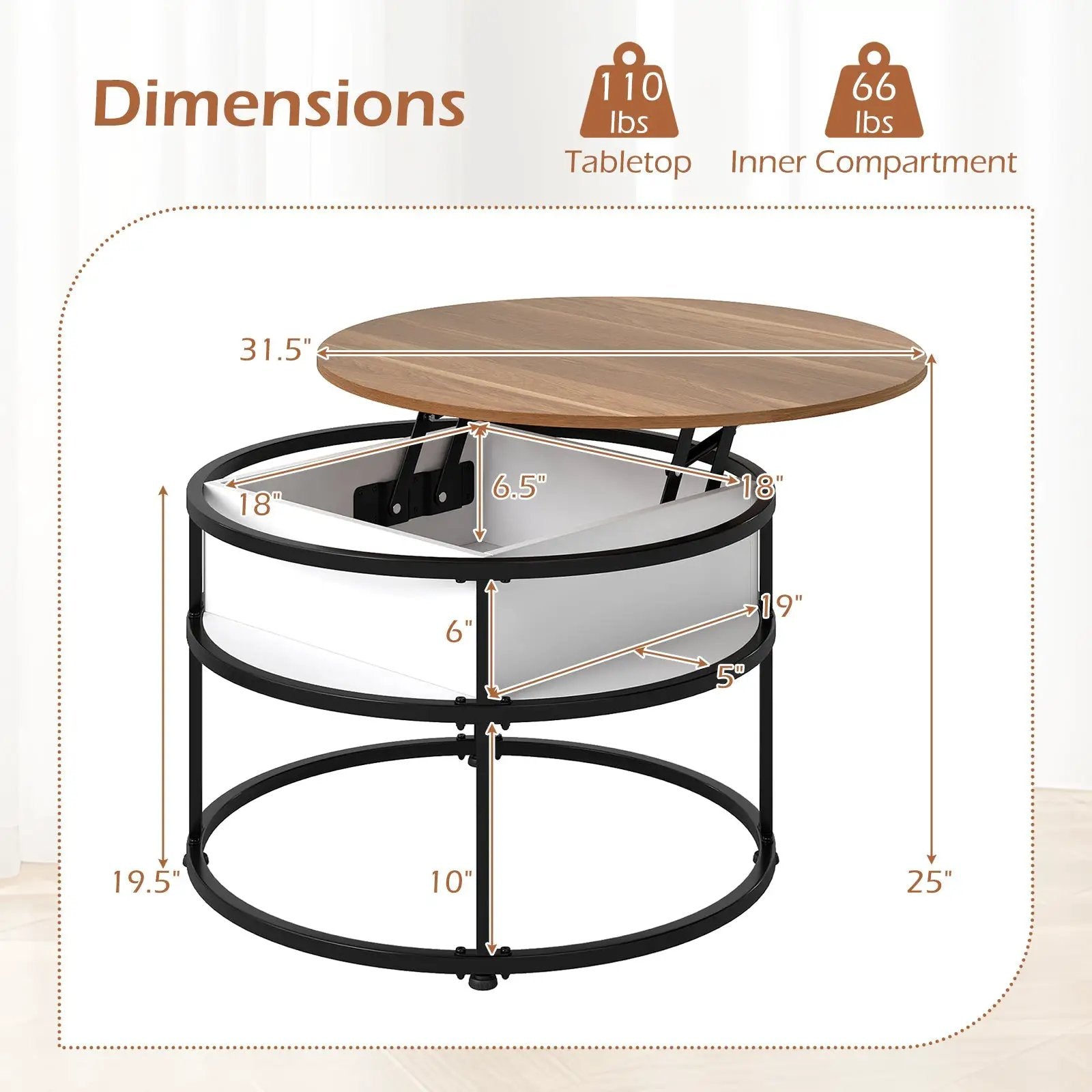 31.5 Inch Round Lift Top Coffee Table with Hidden Compartment and Side Shelves by DirectDeals