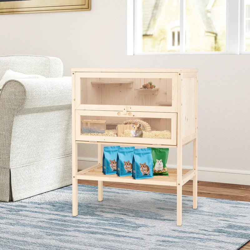 31.5 Inches Freestanding Hamster Cage Wooden Hamster Habitat Playpen-Natural by DirectDeals