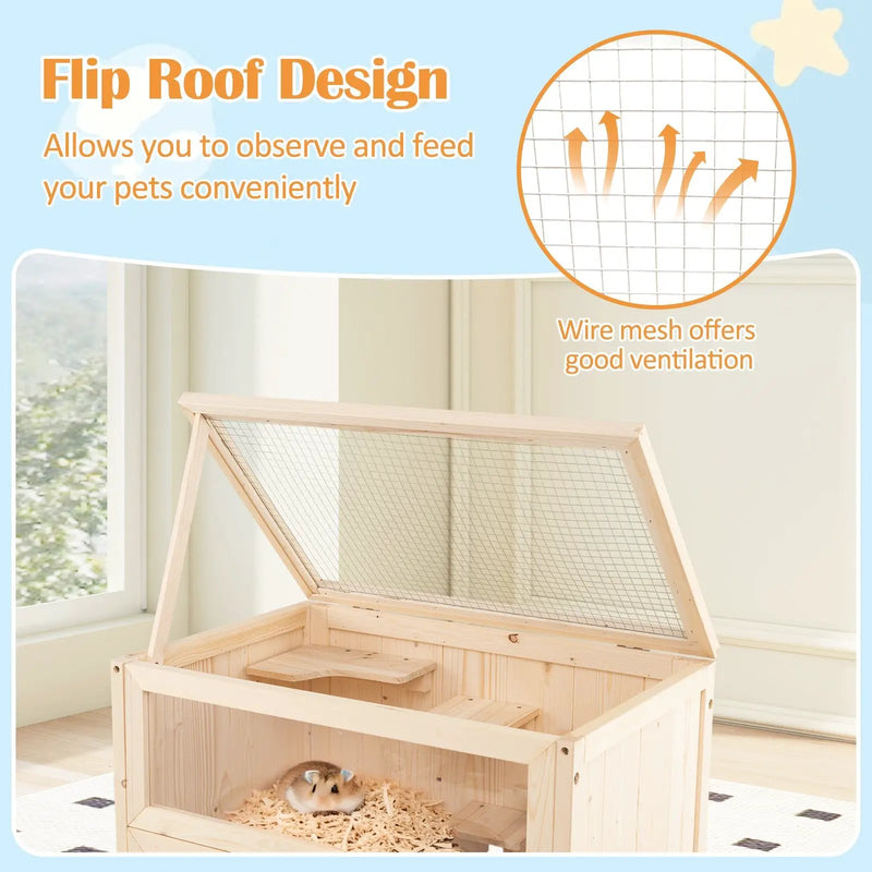 31.5 Inches Freestanding Hamster Cage Wooden Hamster Habitat Playpen-Natural by DirectDeals