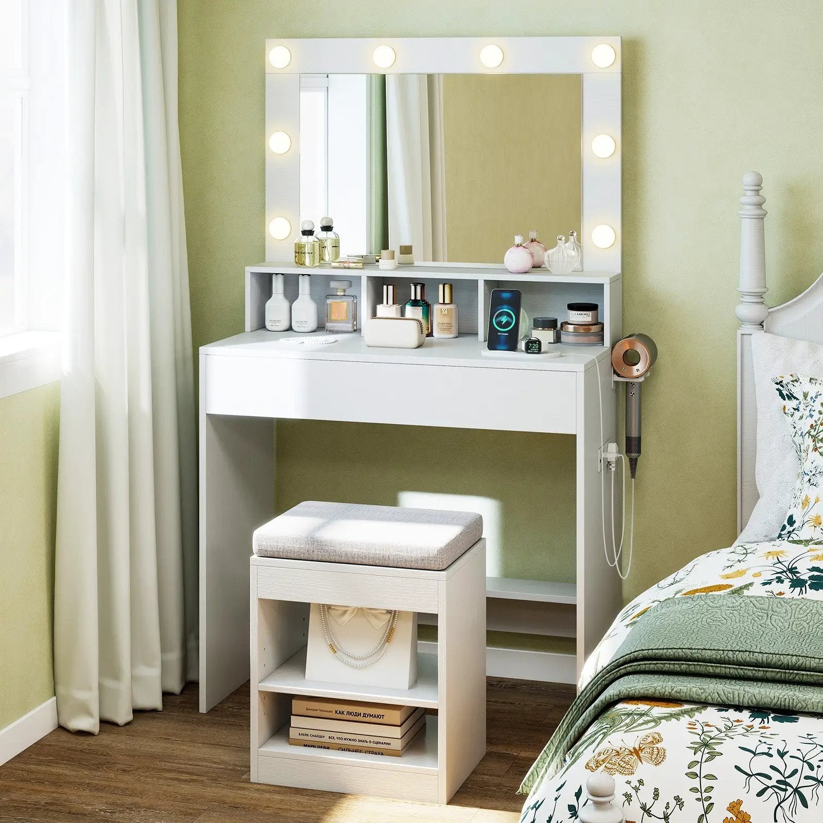 Vanity Table Set with Lighted Mirror and Cushion Stool by DirectDeals