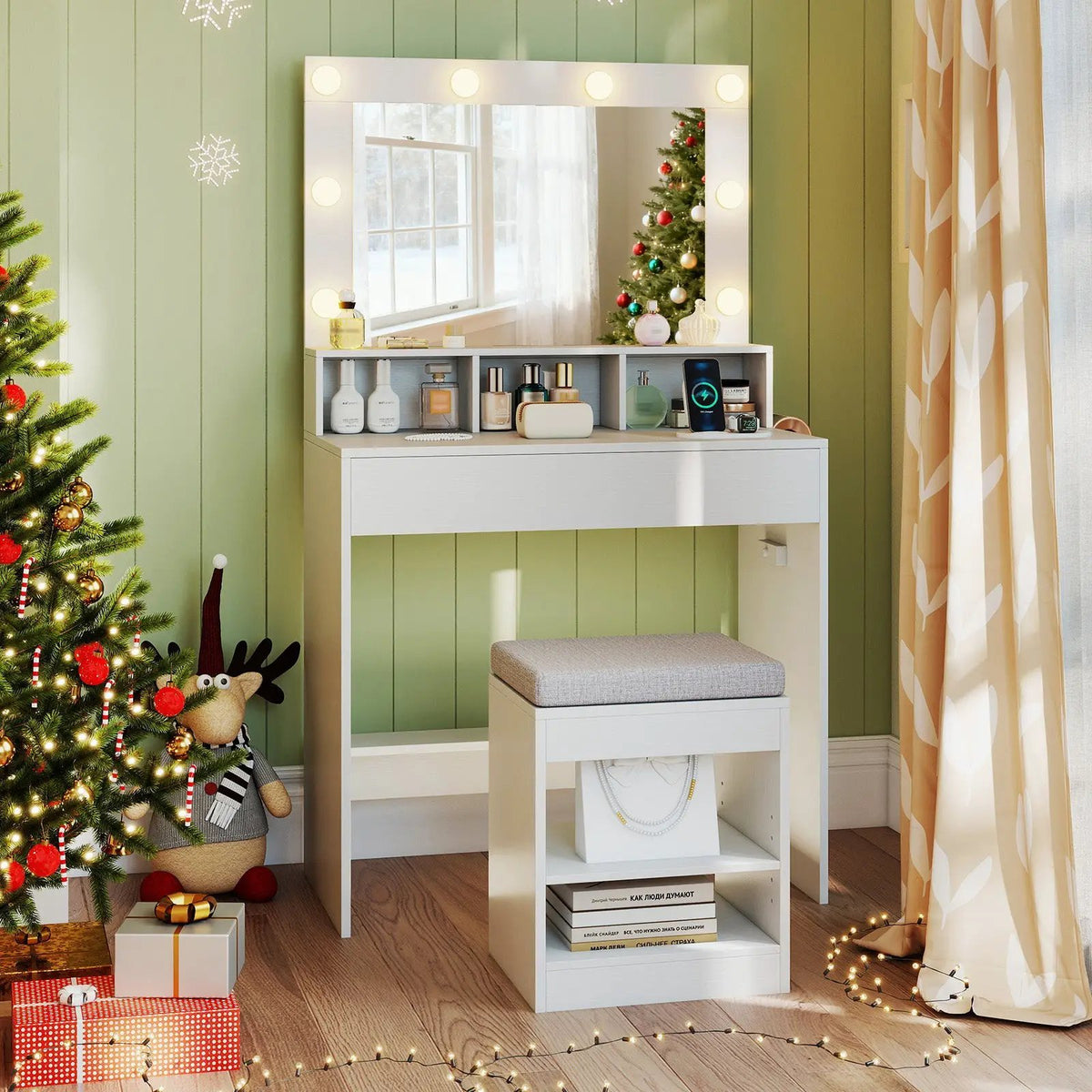 Vanity Table Set with Lighted Mirror and Cushion Stool, photo 4 of 16