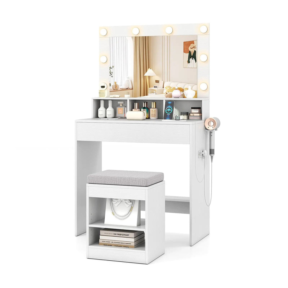 Vanity Table Set with Lighted Mirror and Cushion Stool, photo 6 of 16