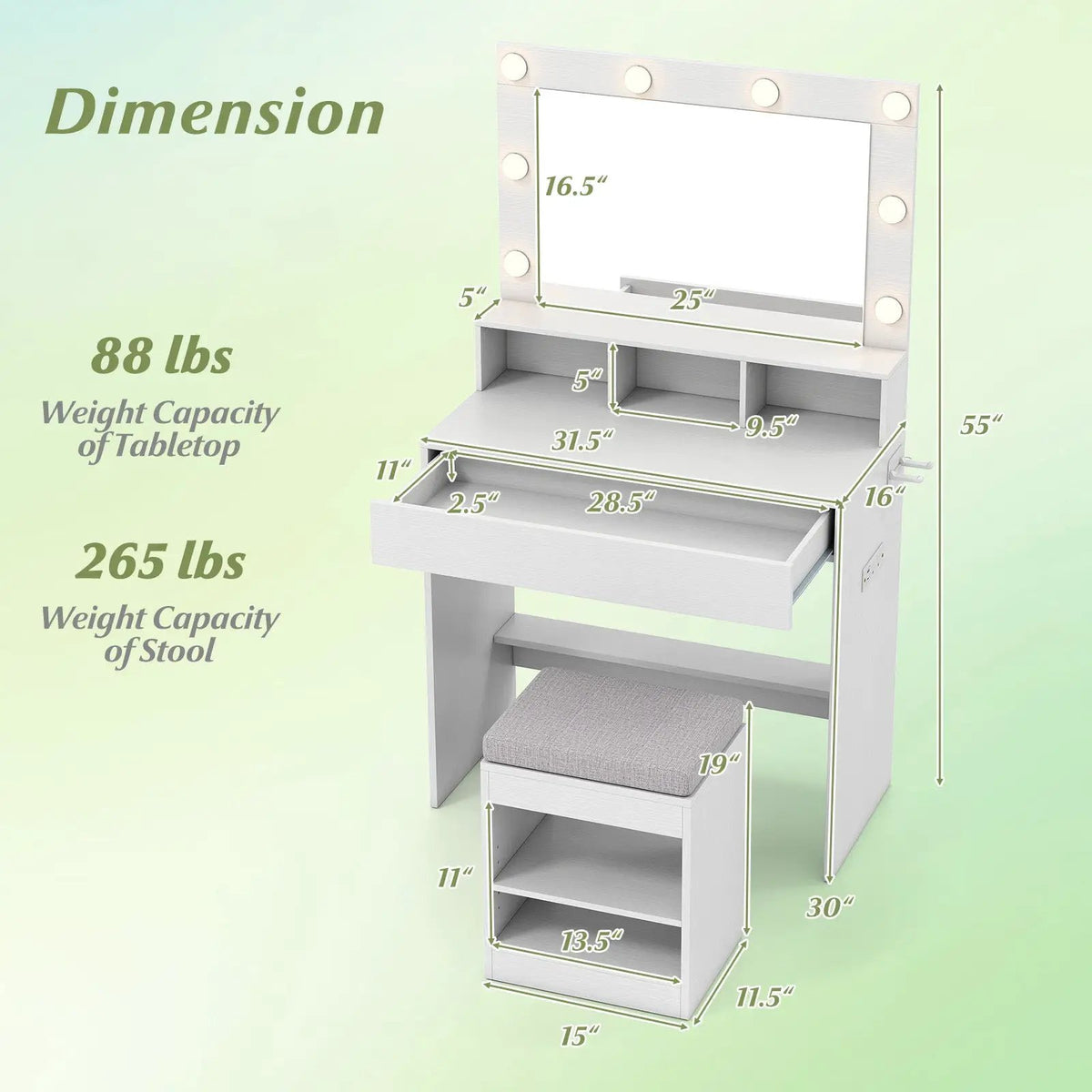 Vanity Table Set with Lighted Mirror and Cushion Stool, photo 8 of 16