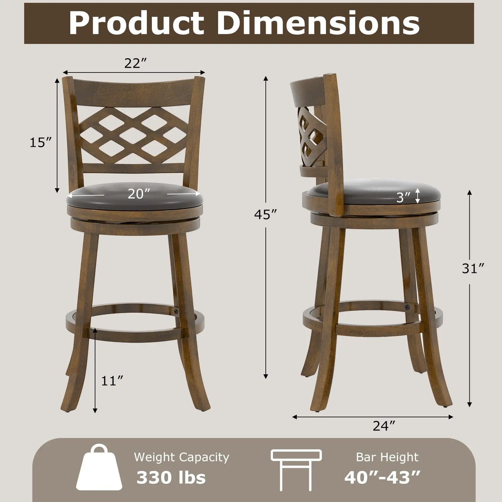 26 Inch Counter Height Bar Stools Set of 2 with Rubber Wood Frame by DirectDeals