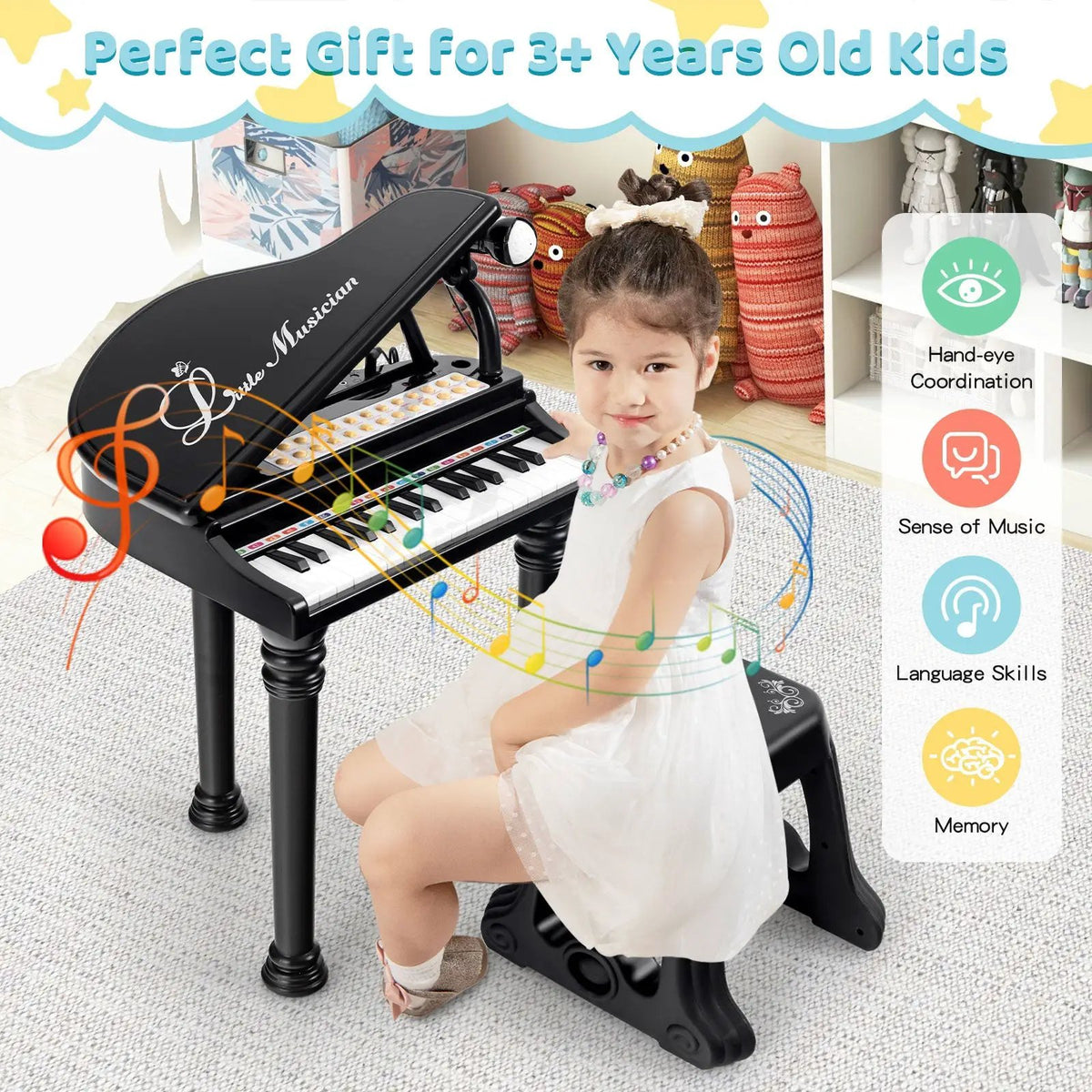 31 Keys Kids Piano Keyboard with Stool and Piano Lid, photo 7 of 10