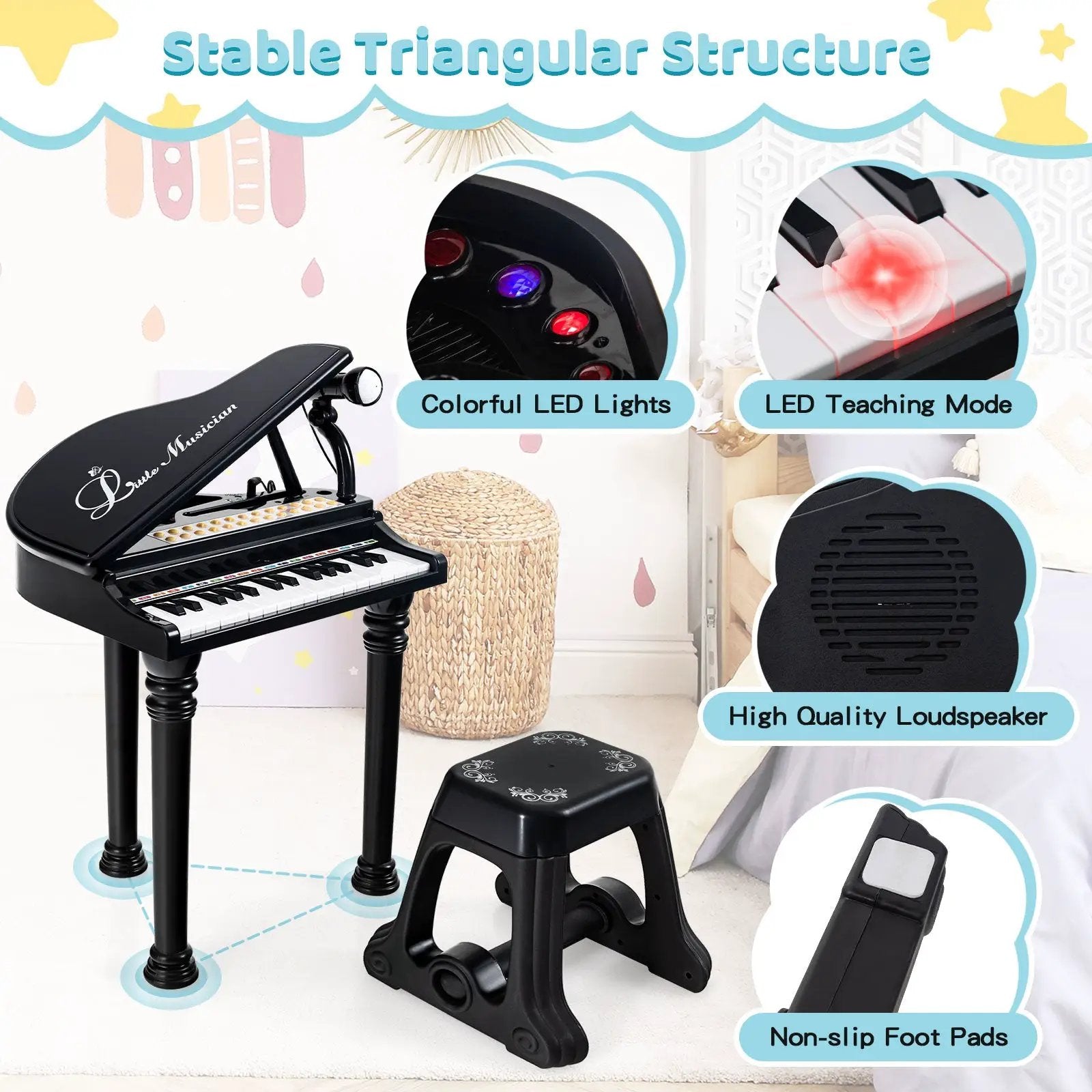 31 Keys Kids Piano Keyboard with Stool and Piano Lid by DirectDeals