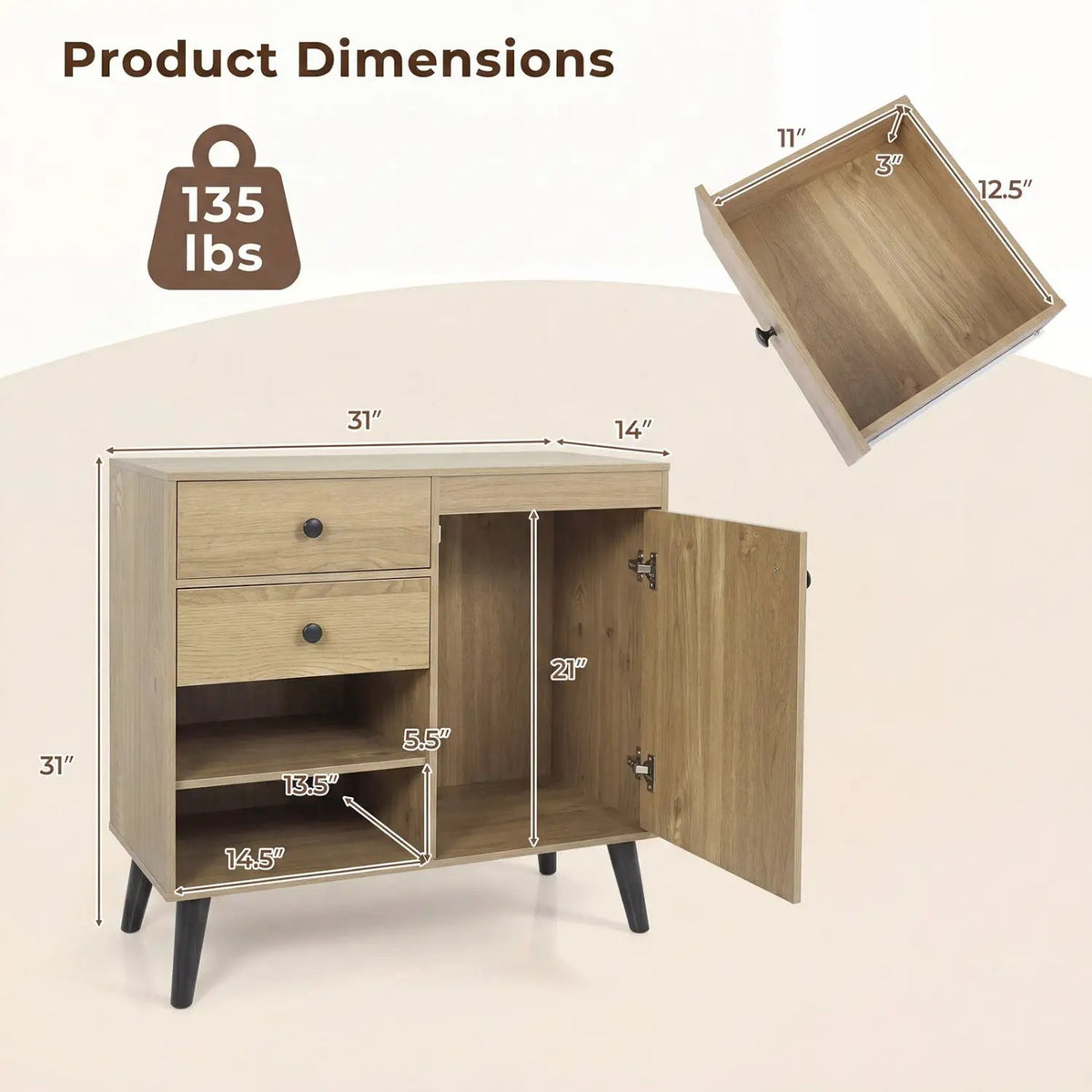 31" Sideboard Cabinet with 2 Drawers and Open Shelves, photo 5 of 24