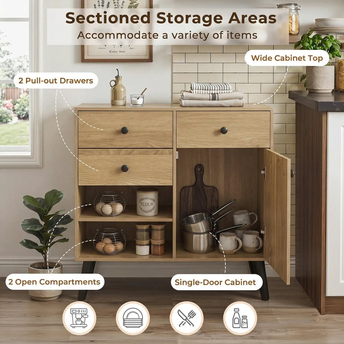 31" Sideboard Cabinet with 2 Drawers and Open Shelves, photo 7 of 24