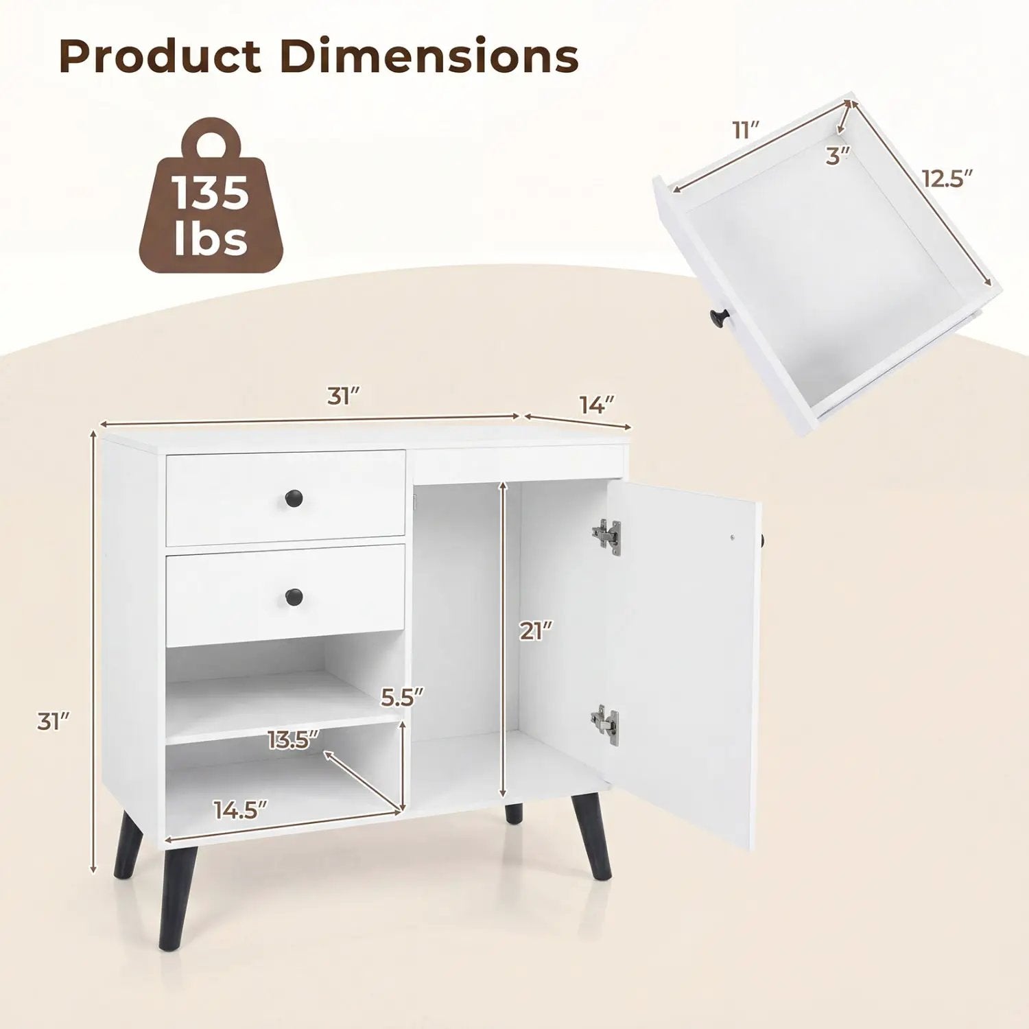 31" Sideboard Cabinet with 2 Drawers and Open Shelves by DirectDeals