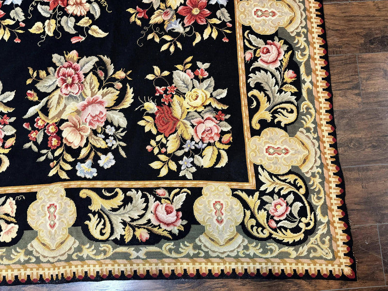 Palace Size Needlepoint Rug 12x16, Black and Colorful, Floral Panel, Handmade Oversized Wool Needlepoint Carpet, Rare by Jewel Rugs