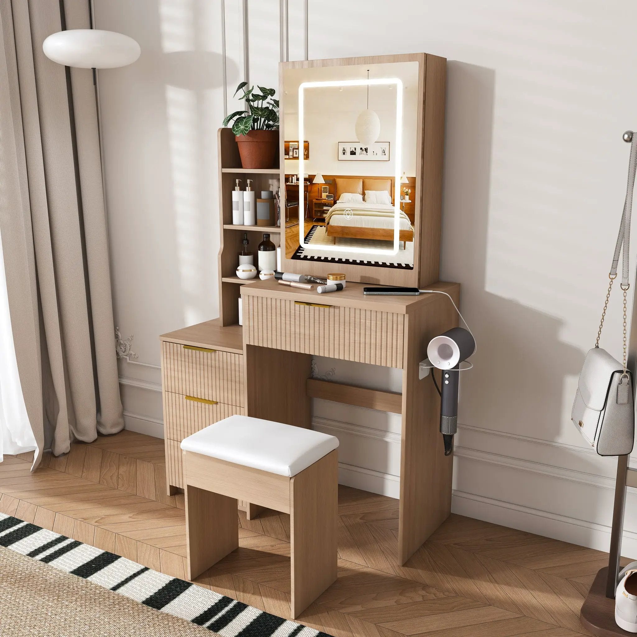 Modern Vanity Desk With 3 LED Lighting Modes, 4 Drawers by HouseOfZazla