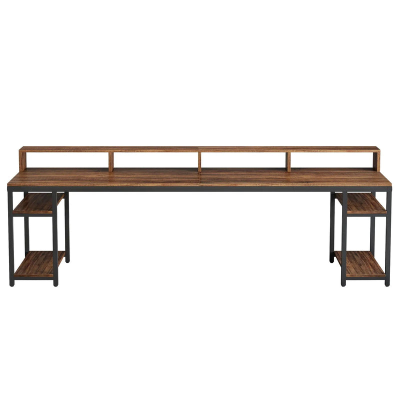 2 Person Desk With Monitor Stand, Long Office Workstation With Dual Storage Shelves And Frame - Brown / Black by HouseOfZazla
