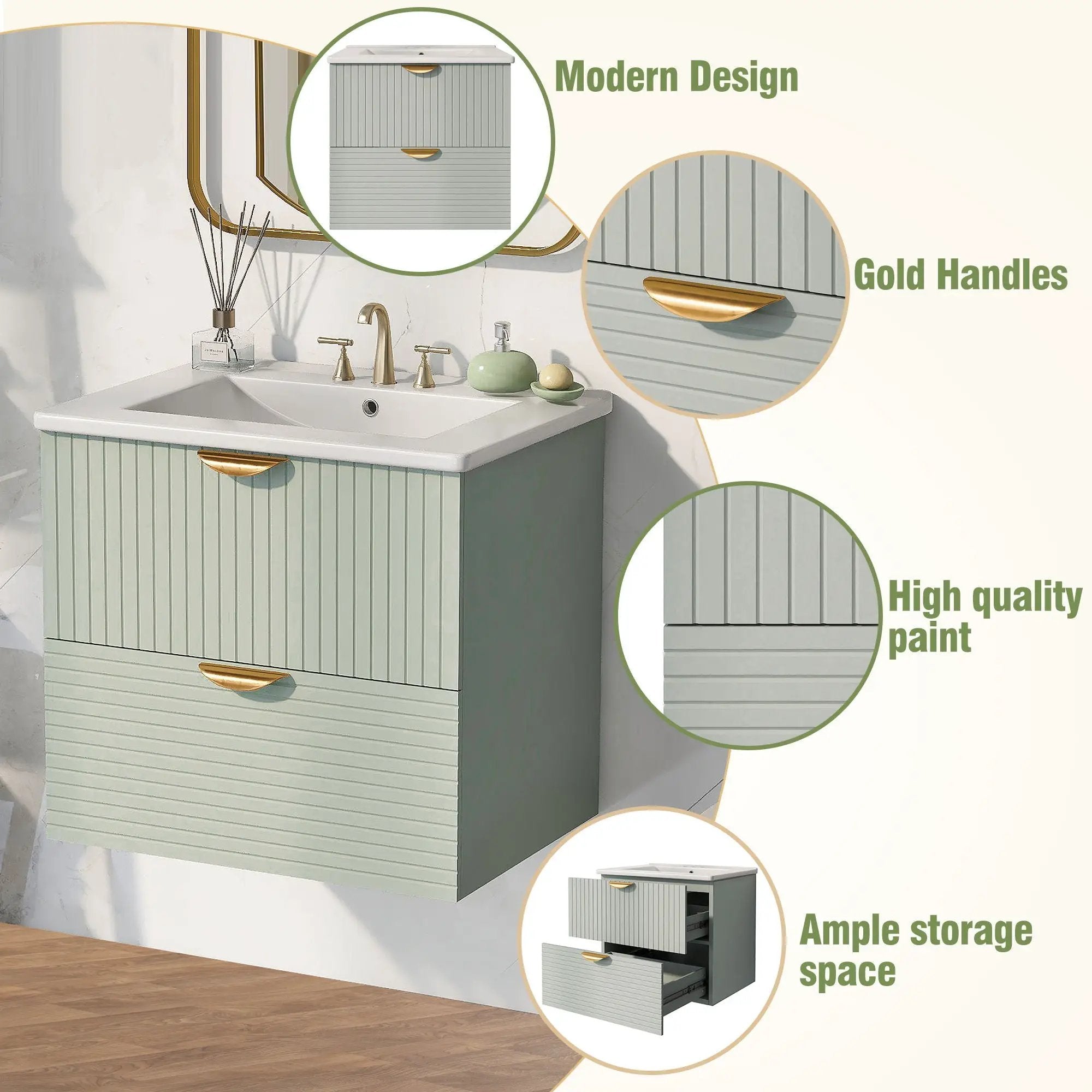 Modern Wall-Mounted Bathroom Vanity With 2 Drawers, Ideal For Small Bathrooms - Green by HouseOfZazla