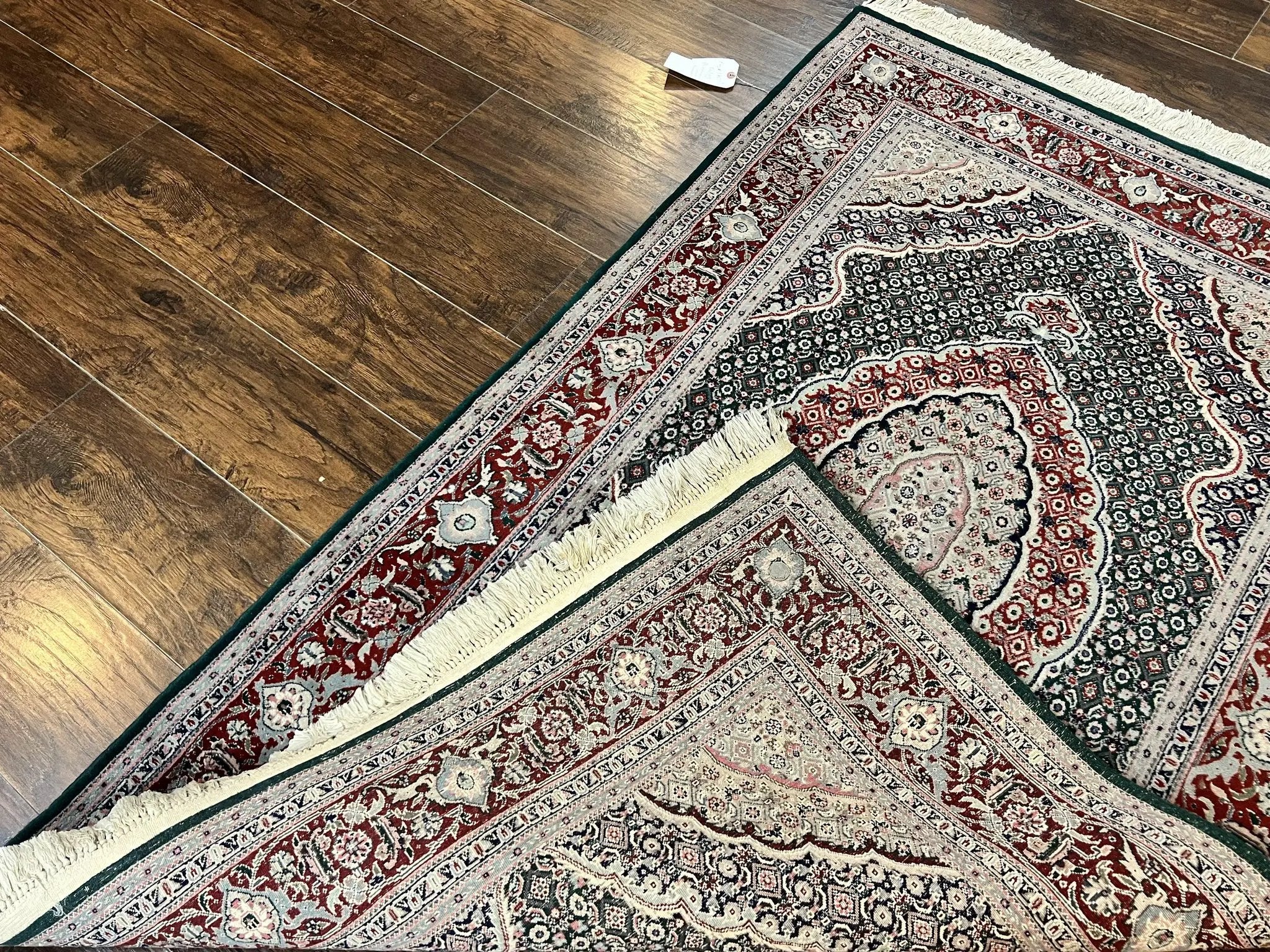 Sino Persian Rug 4x6, Wool with Silk Highlights, Fine Hand Knotted Carpet, Green & Maroon Red, Herati Medallion, Vintage Rug by Jewel Rugs