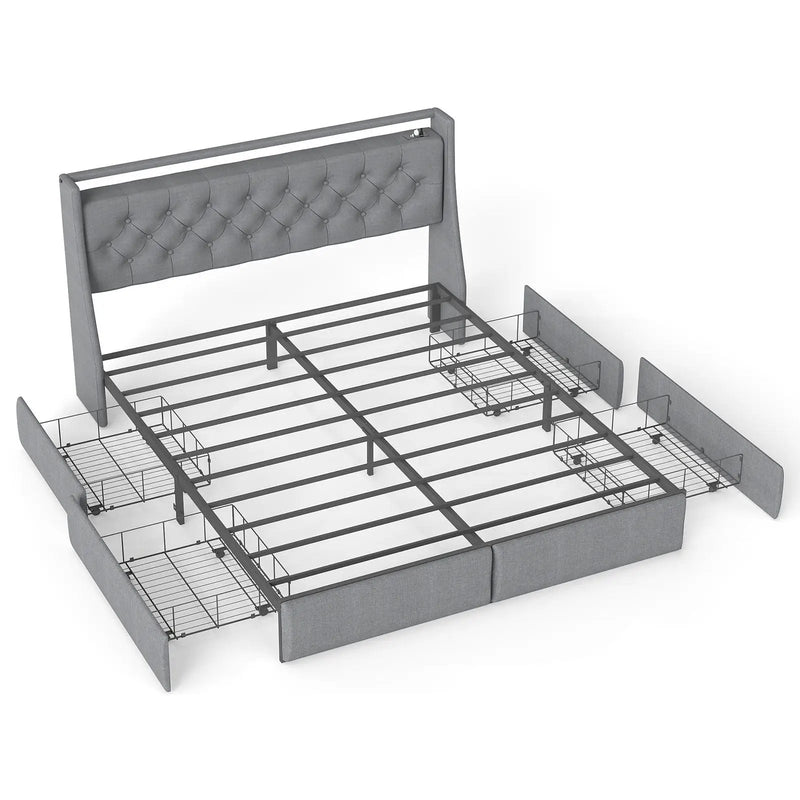 Queen Platform Bed Frame With RGB LED & Charging Station, Storage Headboard by HouseOfZazla