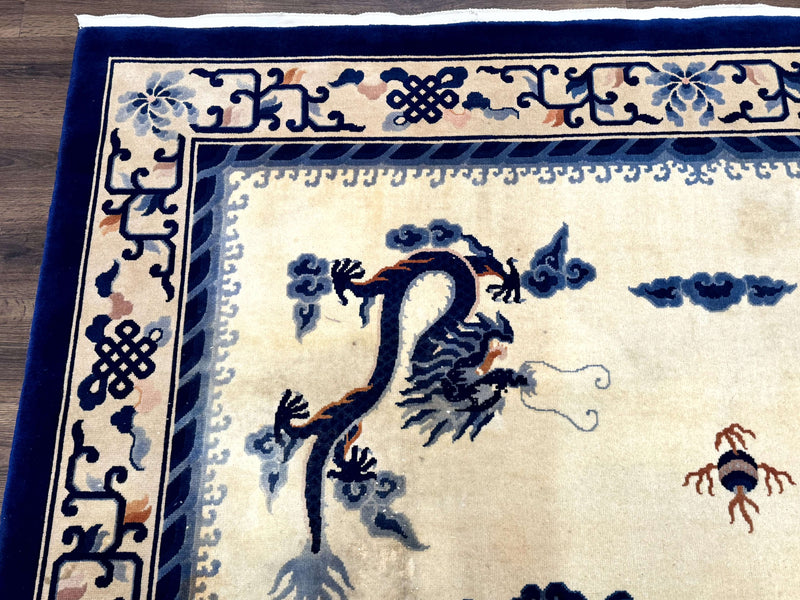 Chinese Dragon Peking Rug 8 x 11.6, Ivory and Blue, Chinese Wool Rug, Vintage by Jewel Rugs