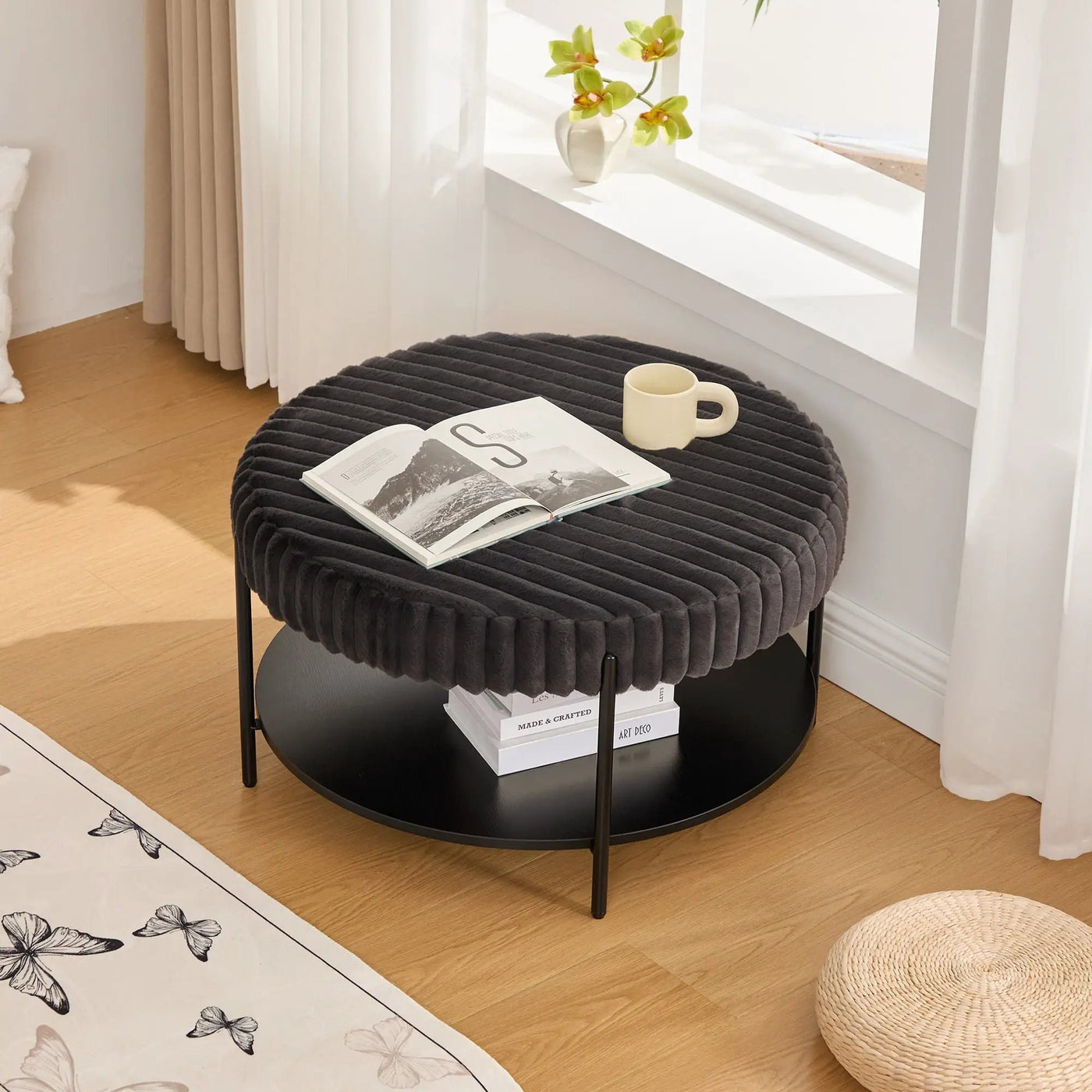 Modern Upholstered Round Ottoman Coffee Table With Storage Shelf by Unique Piece Furniture