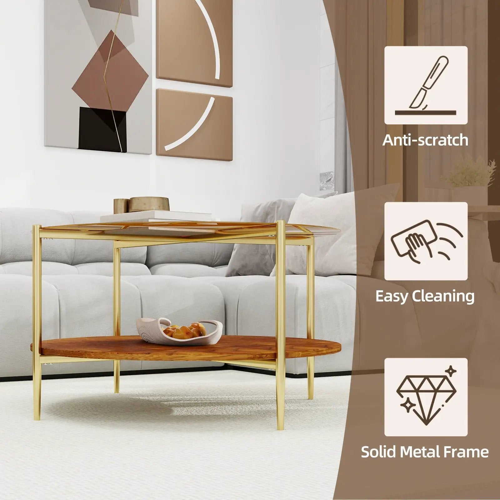 Luxurious Round Coffee Table with Gold-Tinted Tempered Glass Top by HouseOfZazla
