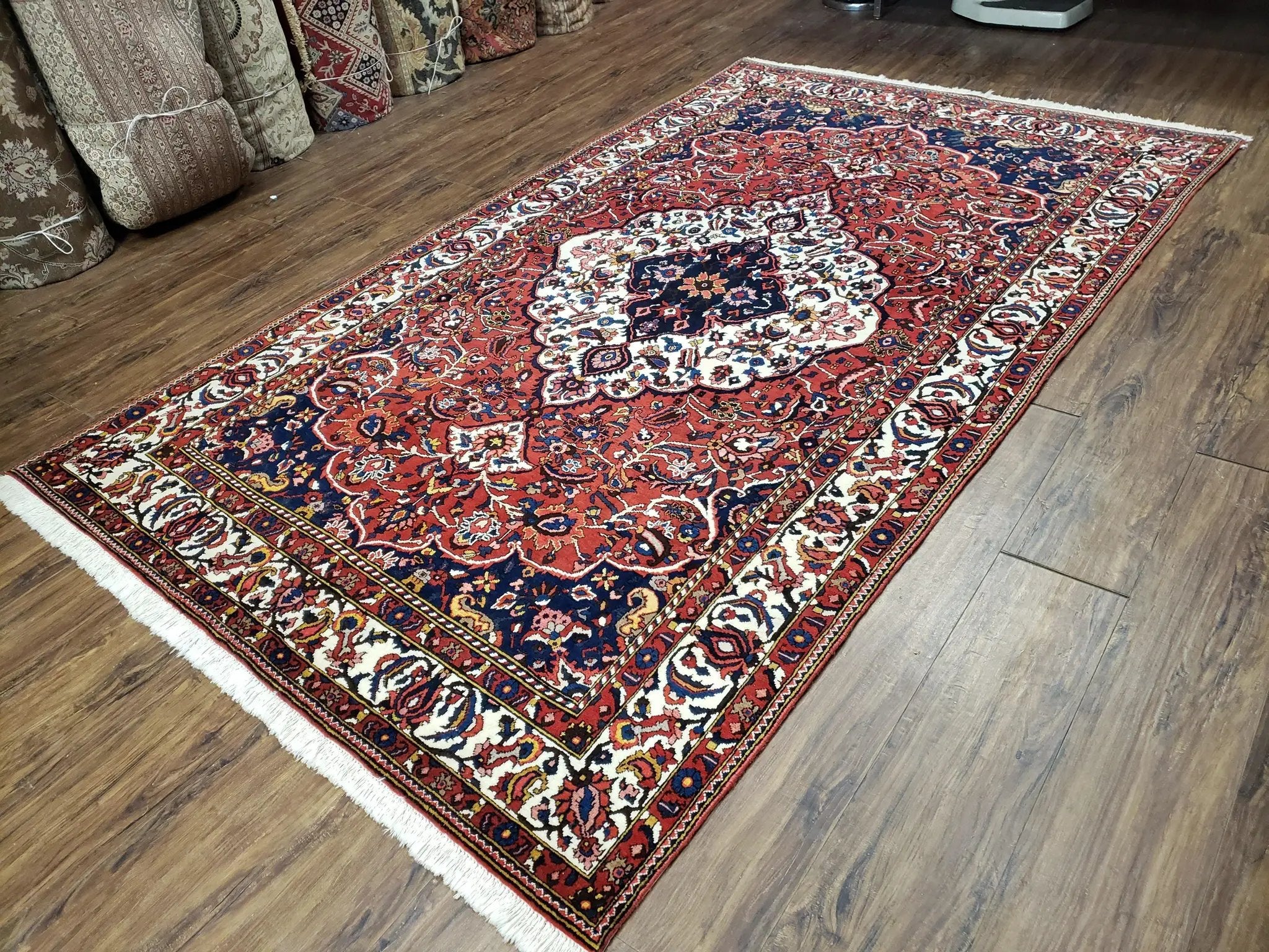 Semi Antique Persian Bakhtiari Rug, Hand-Knotted, Wool, Red, Midnight Blue, Ivory, Floral Medallion, 5'1" x 8' 6" by Jewel Rugs