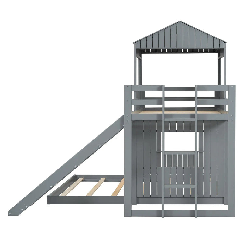 Loft Bunk Bed With Playhouse, Farmhouse, Ladder, Slide And Guardrails by HouseOfZazla