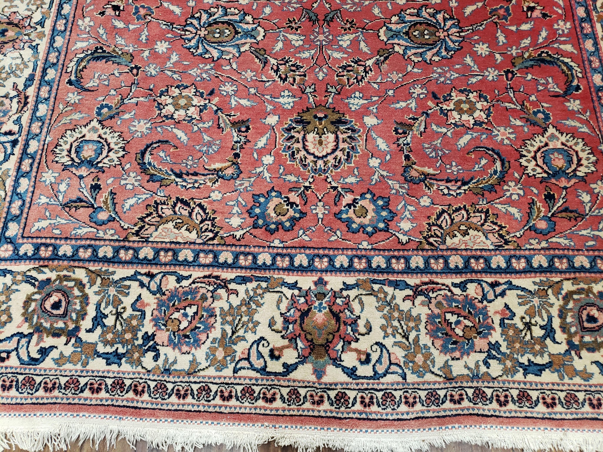 Semi Antique Persian Kashan, Red & Cream, Hand-Knotted, Wool, 4' 8" x 6' 6", Pair A by Jewel Rugs