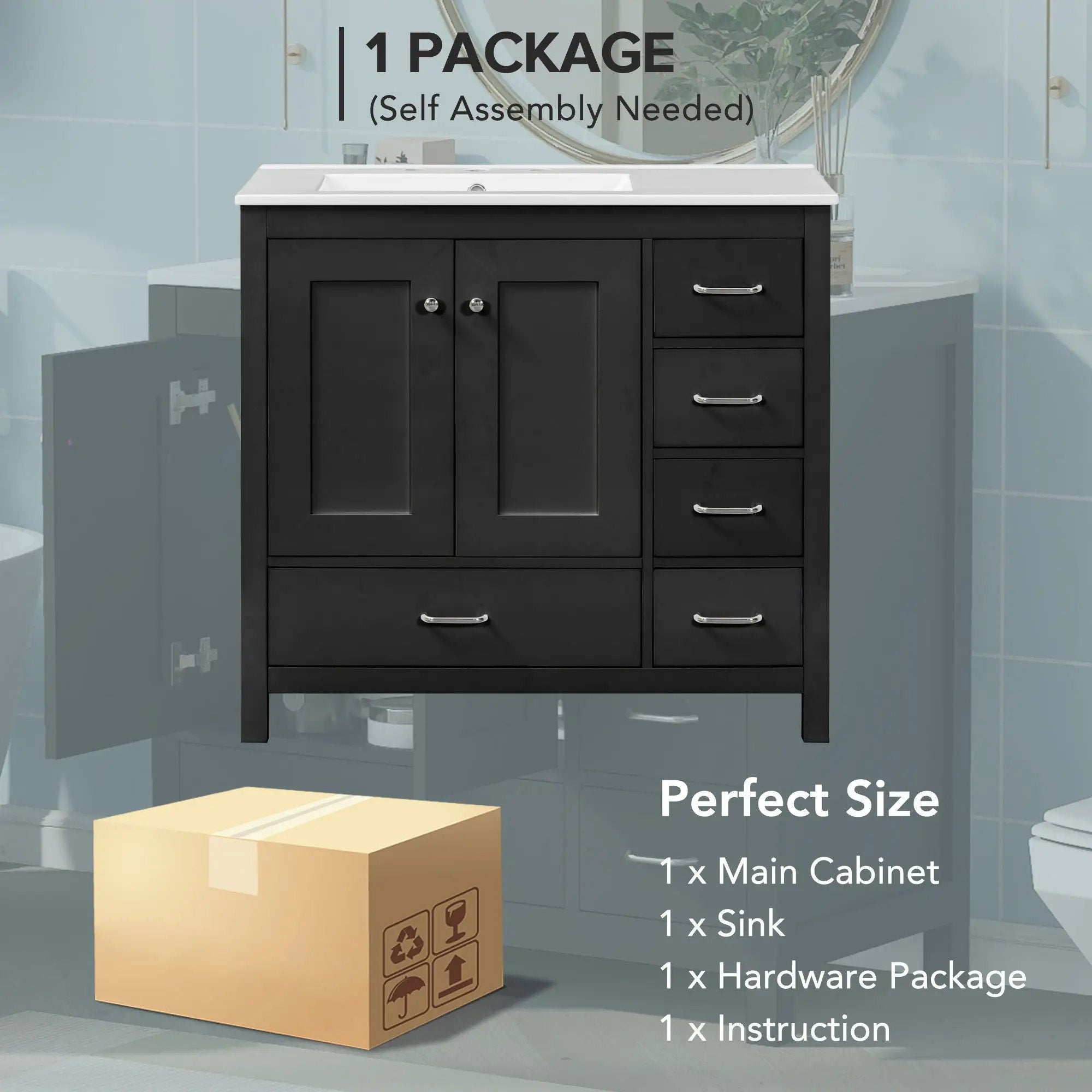 Bathroom Vanity With Ceramic Sink Combo, Abundant Storage Cabinet 2 Soft Close Doors And 5 Drawers by HouseOfZazla