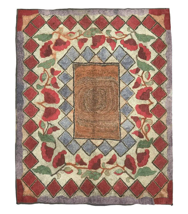 Vintage American Hooked Rug 6x7, Unique Colors, Red Lavender Cream, Abstract