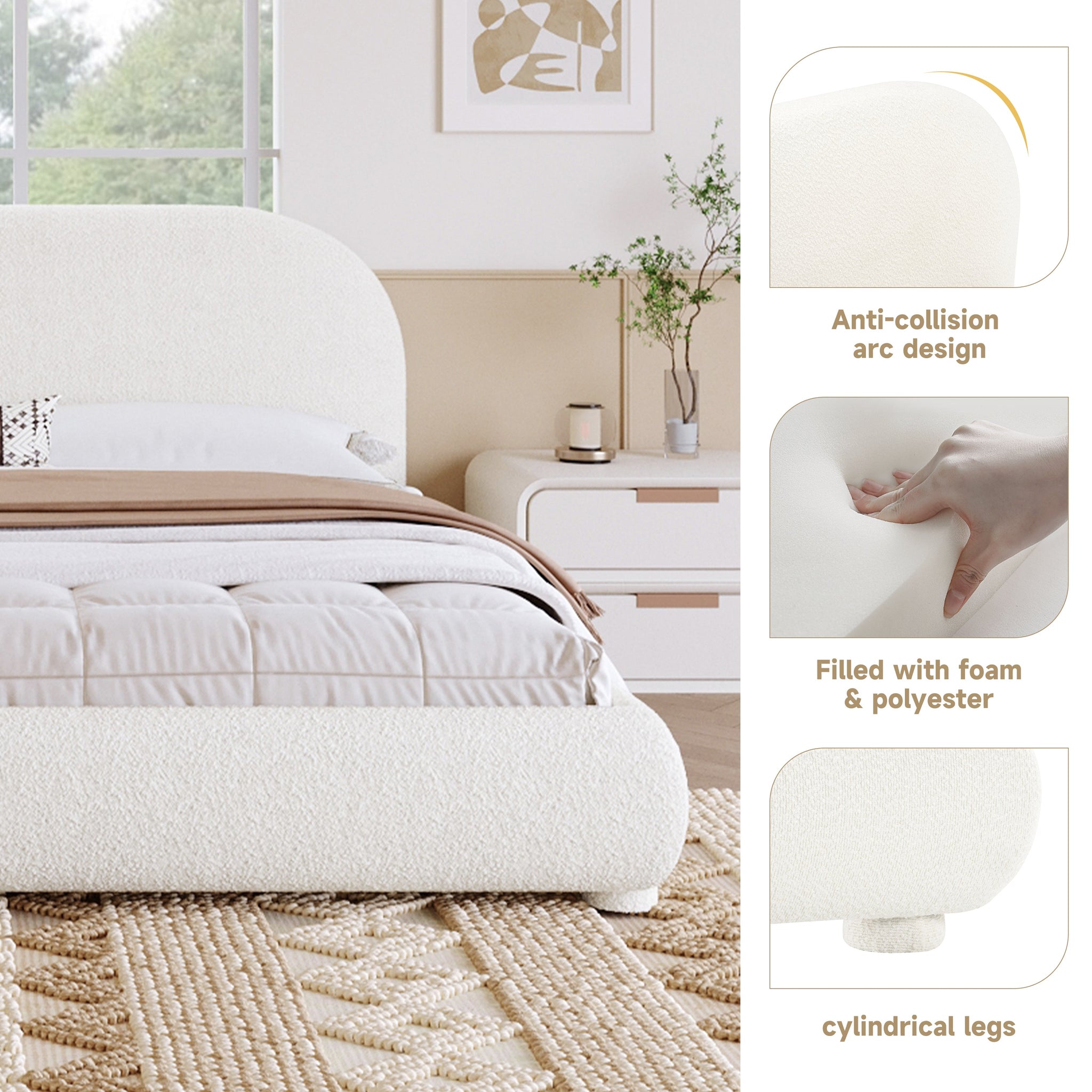 Cream Style Fabric Upholstered Bed, Simple Modern Bedroom Double Bed, Queen by HouseOfZazla