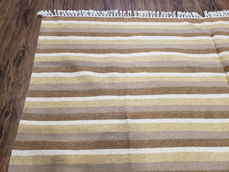 Indian Striped Blanket 6x9, Large Indo Kilim Area Rug, Earthern Tones Woolen Hand-Woven Flatweave South American Style Queen Size Bedspread by Jewel Rugs
