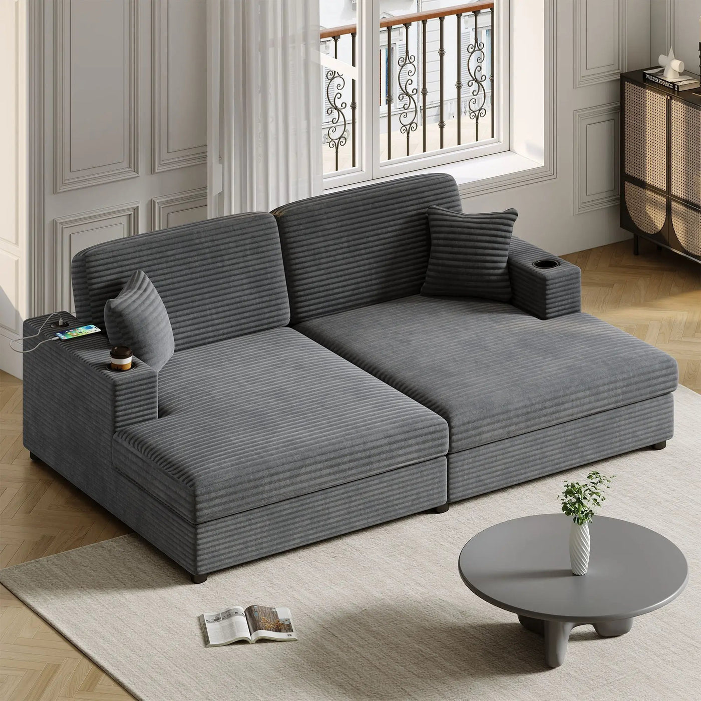 Oversized Loveseat Chaise With 2 USB Ports, 2 Cup Holders And 2 Throw Pillows by Unique Piece Furniture