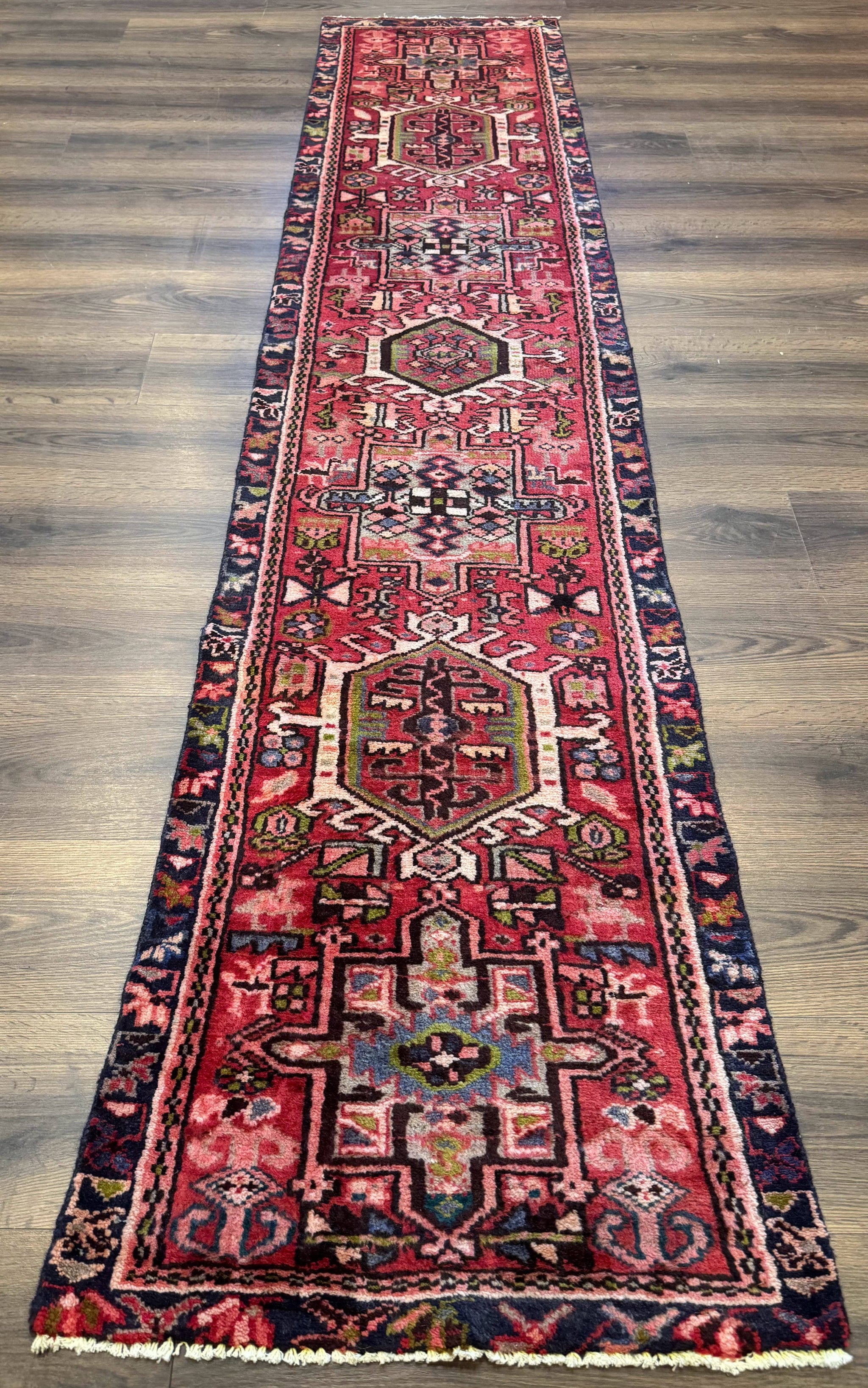 Persian Heriz Karajeh Runner Rug 2x9, Geometric Medallions, Red Navy Blue, 2 x 9 Rug for Hallway by Jewel Rugs