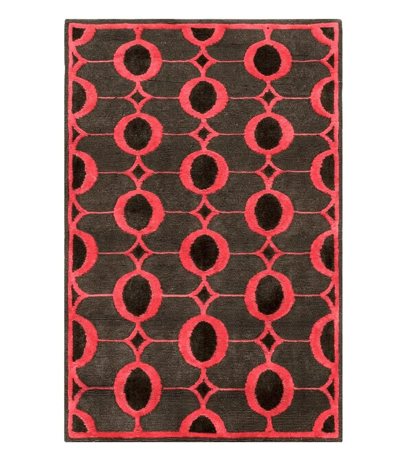 Modern Tibetan Rug 3.8 x 5.7, Raspberry Red and Dark Brown, Abstract Circle Design, Hand Knotted, Soft Wool Handmade Tibet Nepali Carpet 4x6 by Jewel Rugs