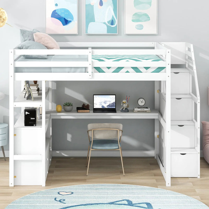 Loft Bed With Desk, Shelves, 2 Drawers, Storage Staircase by Unique Piece Furniture
