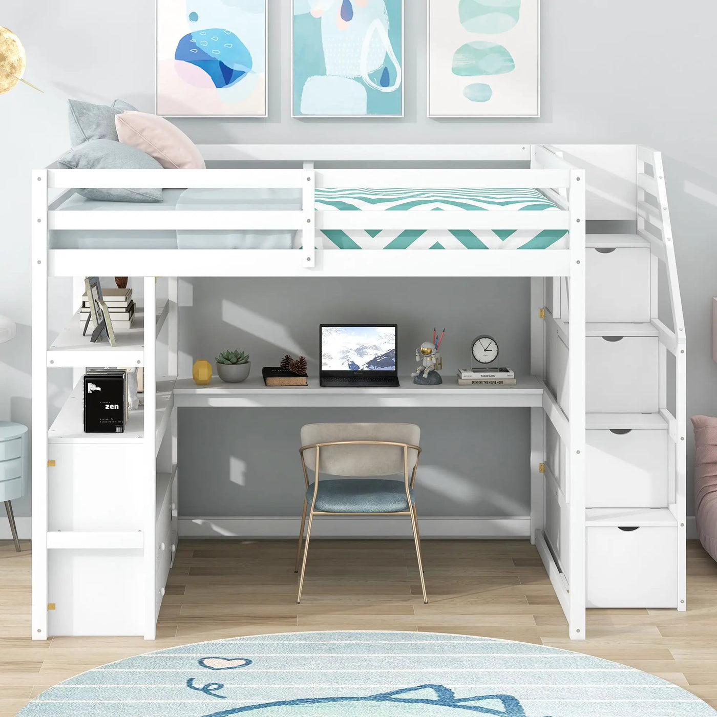Loft Bed With Desk, Shelves, 2 Drawers, Storage Staircase by HouseOfZazla