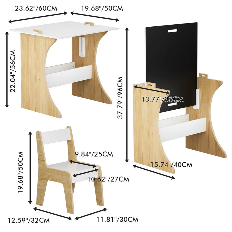 Table Set With 1 Chair, Multifunctional Study Table Convertible Top for Study, Drawing & Play - White by HouseOfZazla