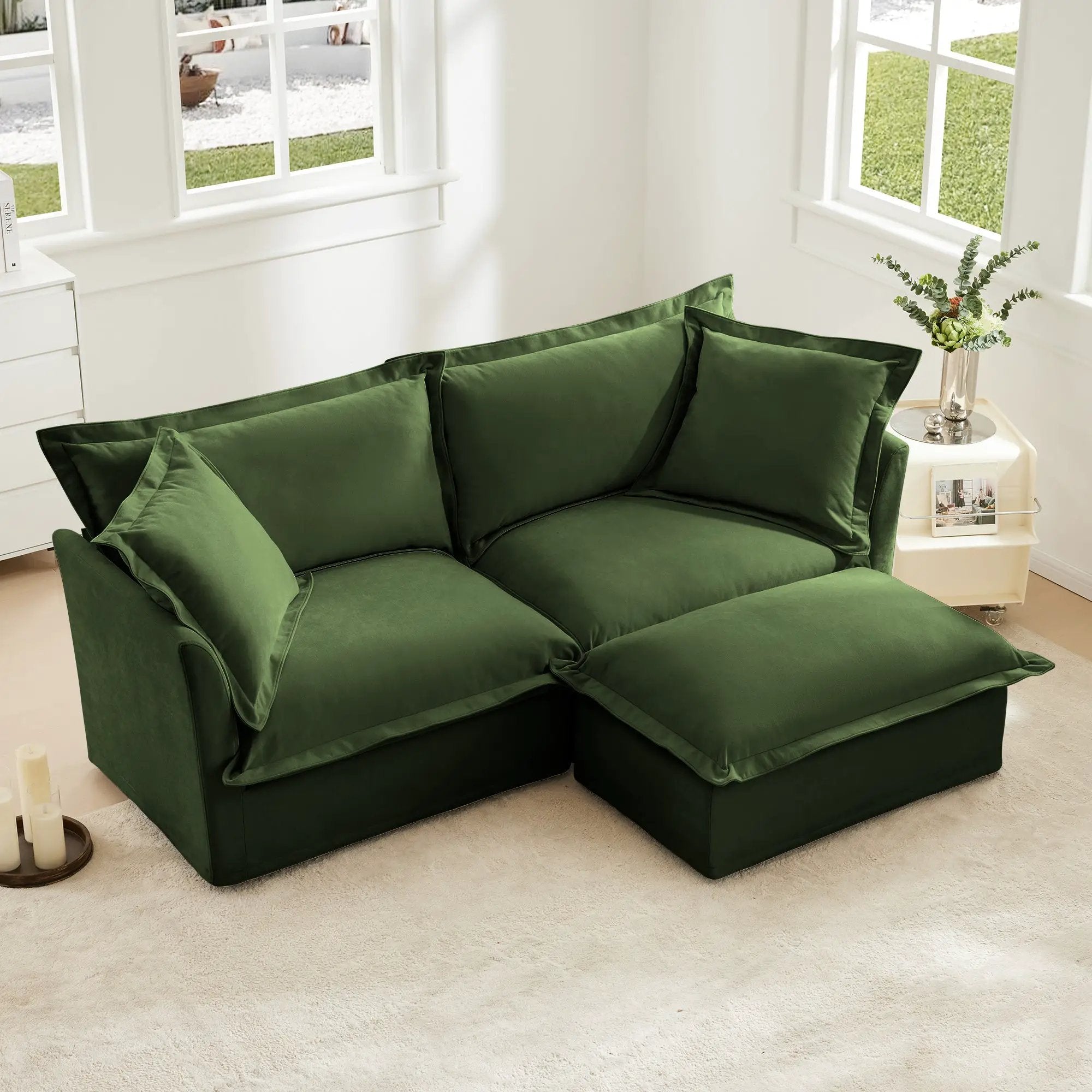 Slipcovered Sectional 2 Seater Sofa Couch with Convertible Ottoman by HouseOfZazla