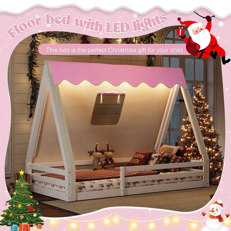 Twin Size House Floor Bed with Tent and Light by HouseOfZazla