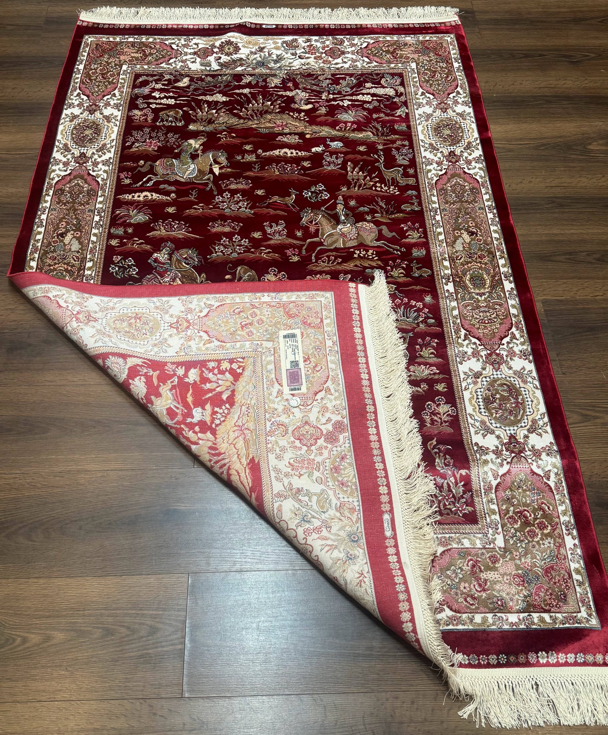 Turkish Silk Hunting Design Rug 4x6, Dark Red & Ivory, Bamboo Silk, New by Jewel Rugs