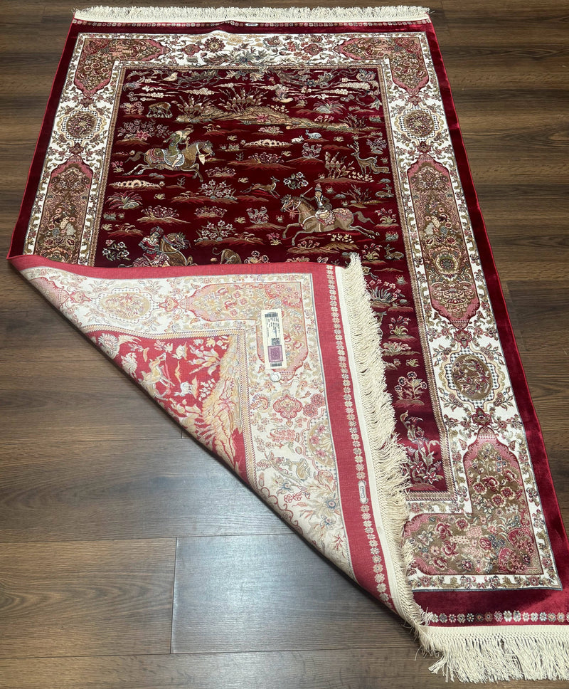 Turkish Silk Hunting Design Rug 4x6, Dark Red & Ivory, Bamboo Silk, New by Jewel Rugs