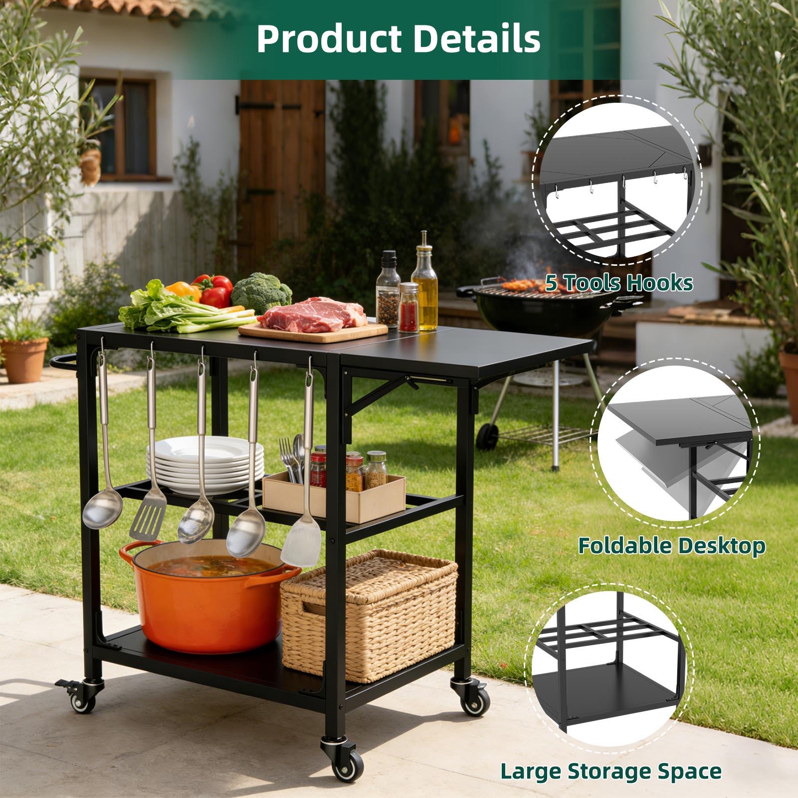 Outdoor Grill Table, Prep Cart With Wheels, Storage Shelf And Hooks - Black by HouseOfZazla