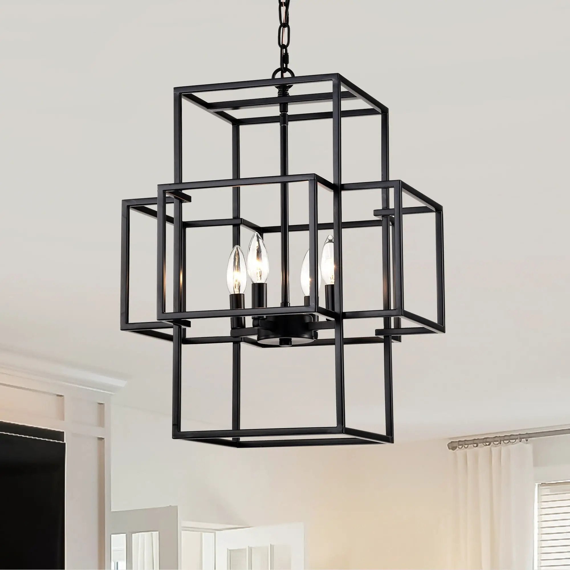 4 Light Metal Lantern Tiered Pendant Hanging Light Fixtures, Industrial Farmhouse Adjustable Height Chandeliers For Dining Room Hallway Foyer Entryway (E12 Bulbs Not Included) by Unique Piece Furniture