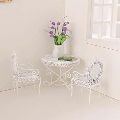 Dollhouse Miniature Bistro Table & Chairs Set Accessories Metal 1:12 Scale Miniatures White Coffee/Tea Furniture Fairy Garden Cute Rustic Elegant Decorations Ornaments (A) by GreenHaven Gardens