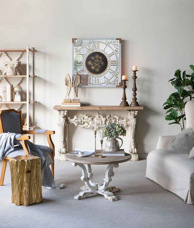 Round Wooden Coffee Table With Distressed Scrollwork Legs - Multicolor by HouseOfZazla