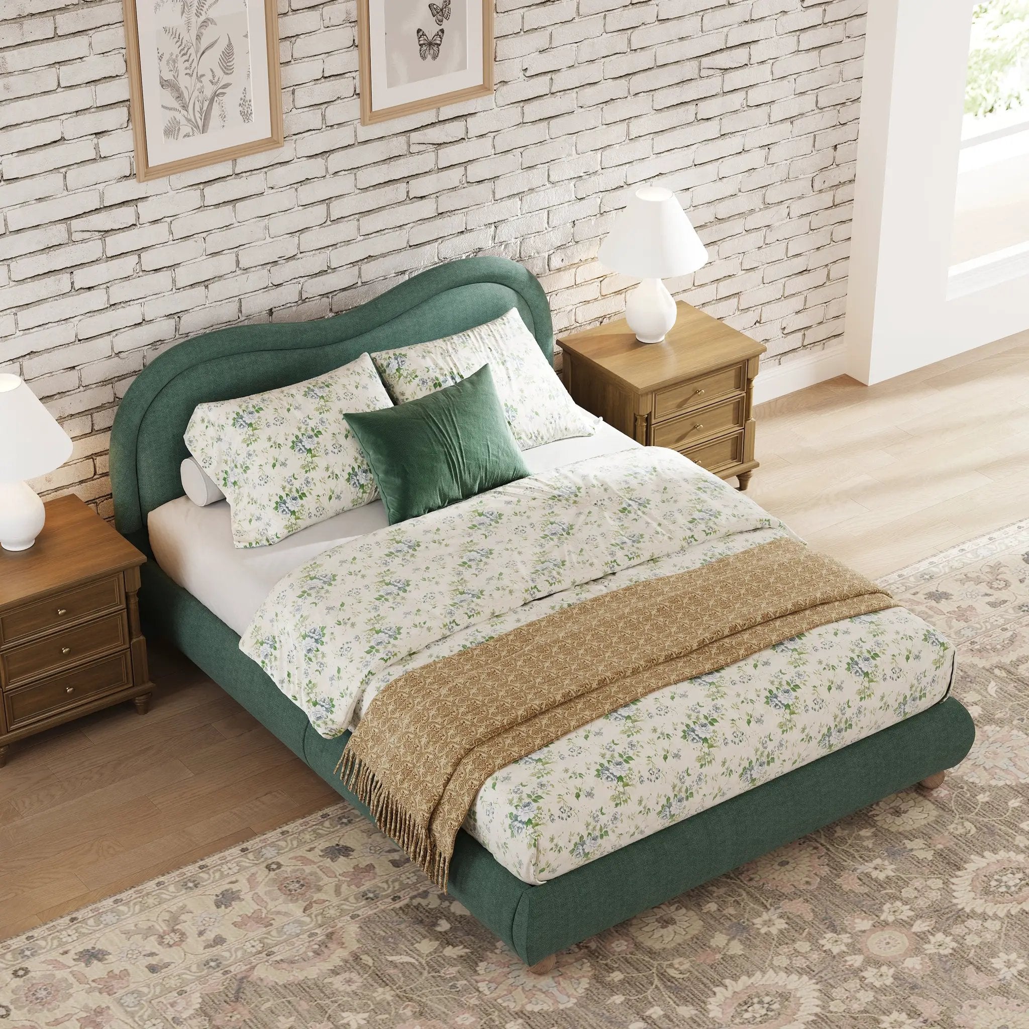Queen Size Upholstered Platform Bed Frame with Rounded Corners Curved Headboard by HouseOfZazla