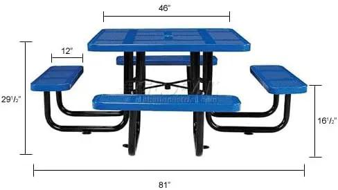 Global Industrial 46" Square Picnic Table, Perforated Metal, Blue Thermoplastic Coating, Attached Benches, 1-1/2” Umbrella Pole Hole, Outdoor-Rated, 1200 lb Capacity by GreenHaven Gardens