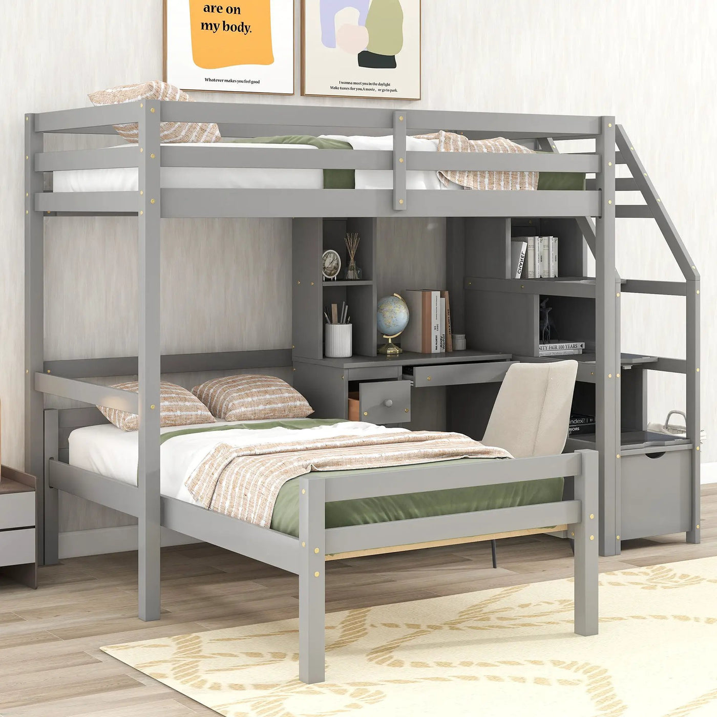 Loft Bed With Stand Alone Bed, Storage Staircase, Desk, Shelves, And Drawers by HouseOfZazla