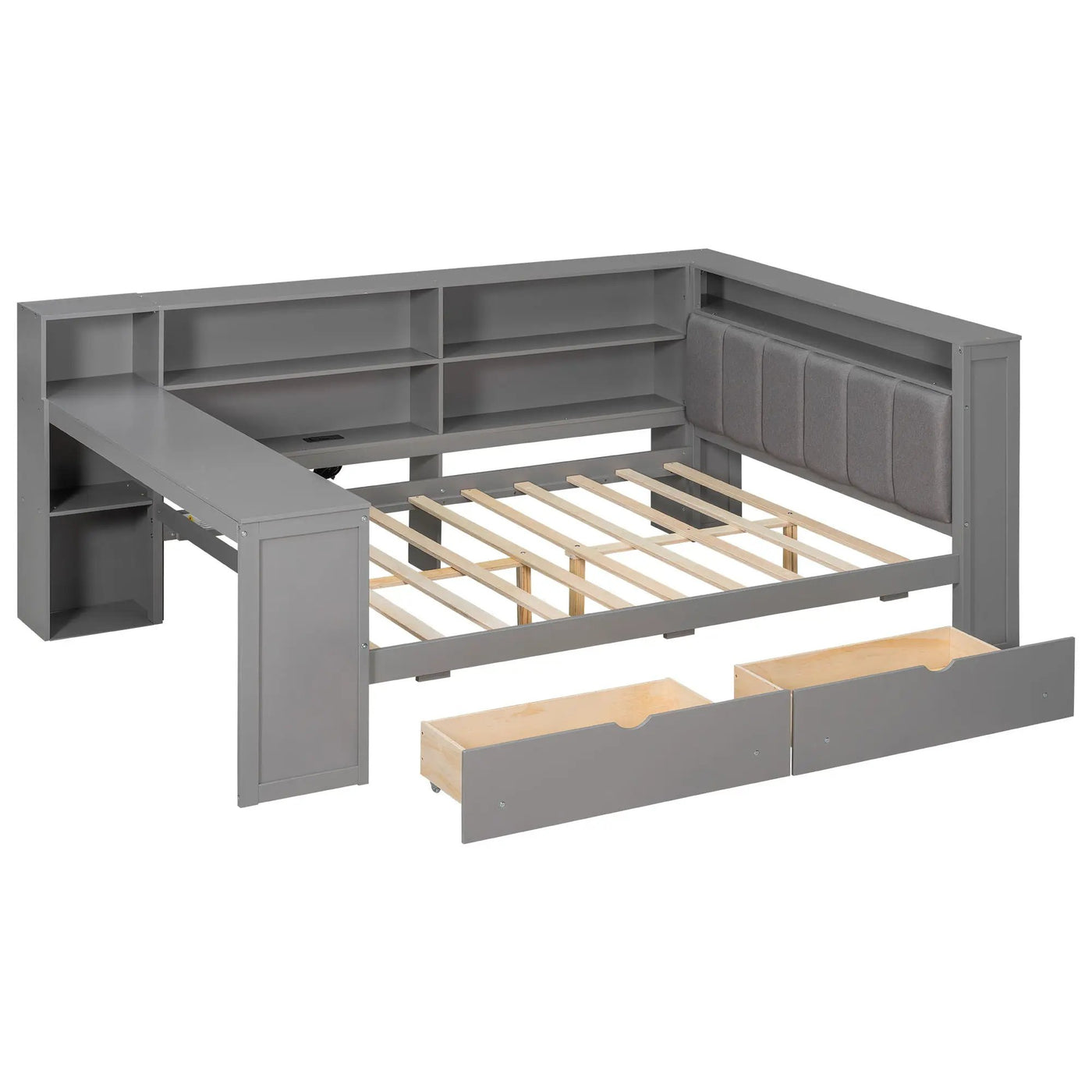 Platform Bed With Upholstered Headboard, Storage Shelves, Drawers, Charging Station, LED Lighting, Built In Desk by HouseOfZazla