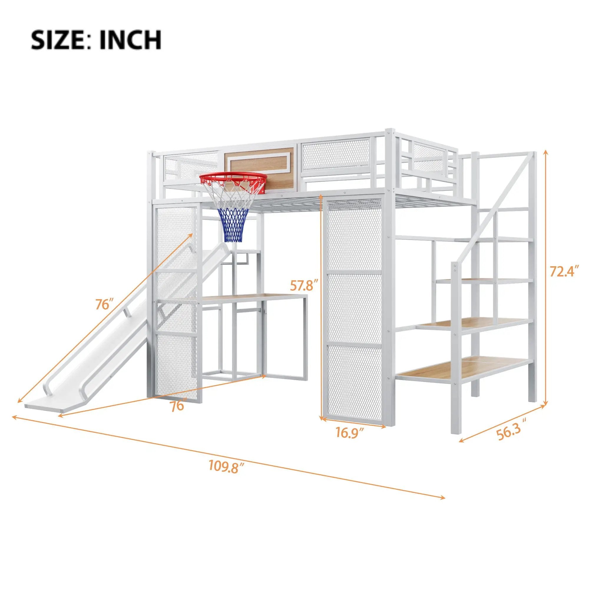 Loft Bed With Built In Desk, Open Wardrobe, Basketball Hoop, Slide And Staircase by Unique Piece Furniture