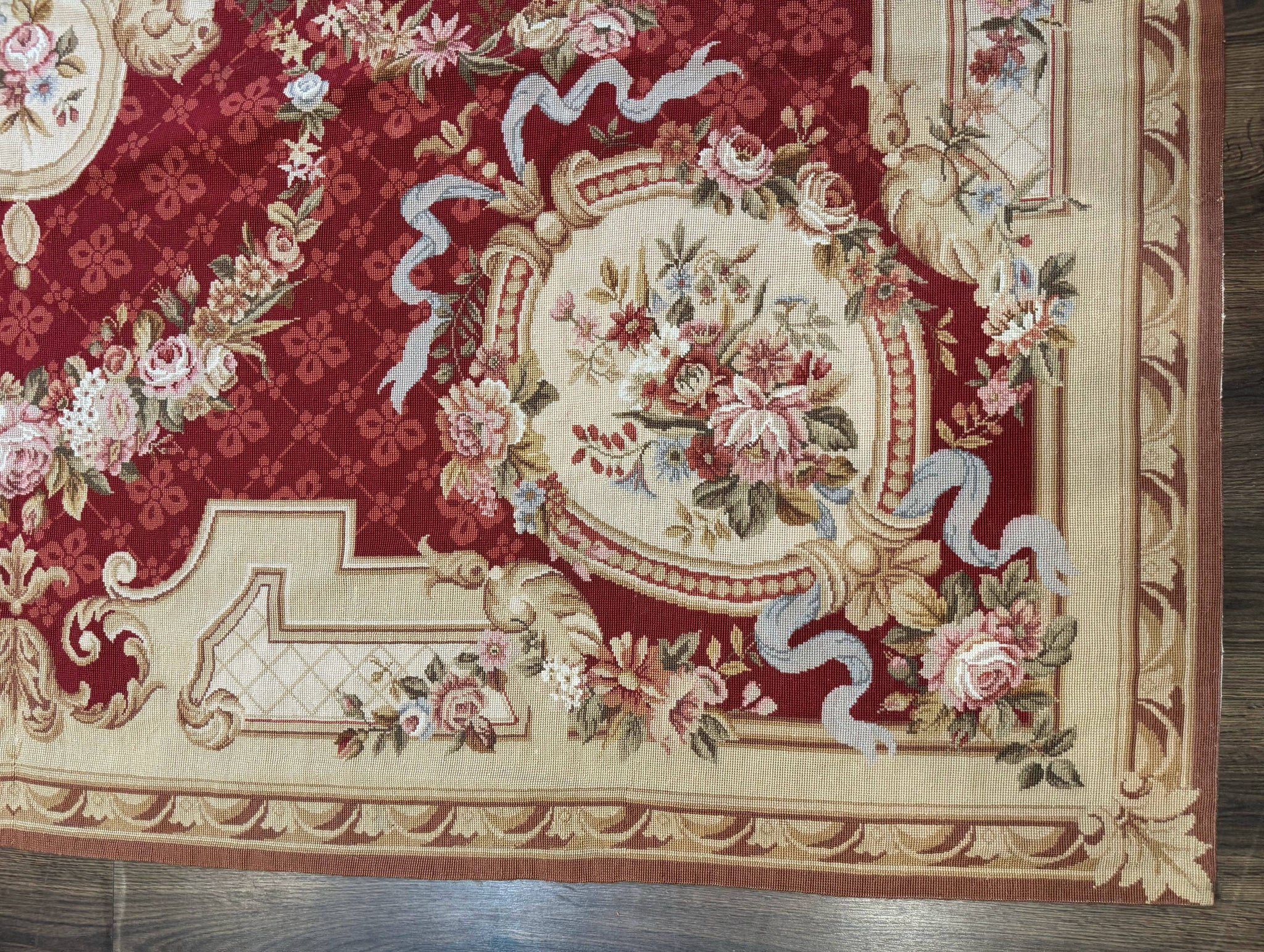 Aubusson Rug 8x11, Needlepoint Carpet, Red Ivory Beige, Vintage, French European Design by Jewel Rugs